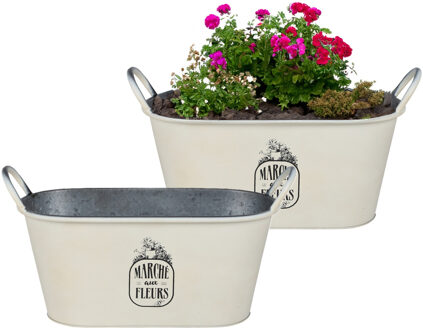 Sunnydays Plantenpot/bloempot teil voor buiten - 2x - zink - ivoorwit - L39 x B16 x H21 cm
