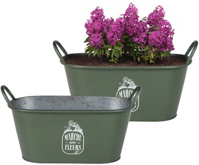 Sunnydays Plantenpot/bloempot teil voor buiten - 2x - zink - legergroen - L39 x B16 x H21 cm