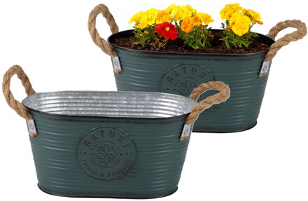 Sunnydays Plantenpot/bloempot teil voor buiten - 2x - zink - petrolblauw - L24 x D14 x H12 cm