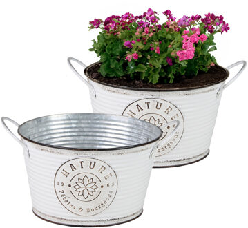 Sunnydays Plantenpot/bloempot teil voor buiten - 2x - zink - rond - ivoorwit - D22 x H12 cm