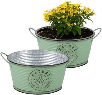 Sunnydays Plantenpot/bloempot teil voor buiten - 2x - zink - rond - jadegroen - D25 x H12 cm