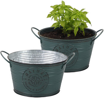 Sunnydays Plantenpot/bloempot teil voor buiten - 2x - zink - rond - petrolblauw - D22 x H12 cm