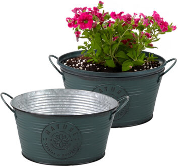 Sunnydays Plantenpot/bloempot teil voor buiten - 2x - zink - rond - petrolblauw - D25 x H12 cm