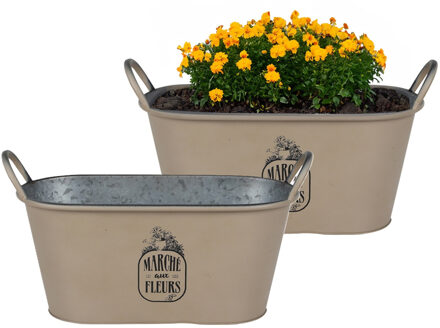 Sunnydays Plantenpot/bloempot teil voor buiten - 2x - zink - taupe - L39 x B16 x H21 cm
