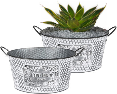 Sunnydays Plantenpot/bloempot teil voor buiten - 2x - zink - zilver - D25.5 x H12 cm