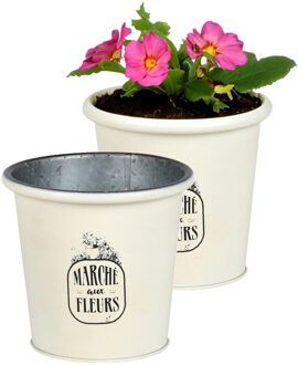 Sunnydays Plantenpot/bloempot voor buiten - 2x - zink - ivoorwit - D14 x H13 cm
