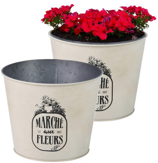 Sunnydays Plantenpot/bloempot voor buiten - 2x - zink - ivoorwit - D17 x H14 cm