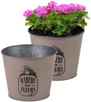 Sunnydays Plantenpot/bloempot voor buiten - 2x - zink - taupe - D17 x H14 cm