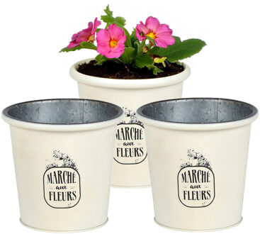 Sunnydays Plantenpot/bloempot voor buiten - 3x - zink - ivoorwit - D14 x H13 cm