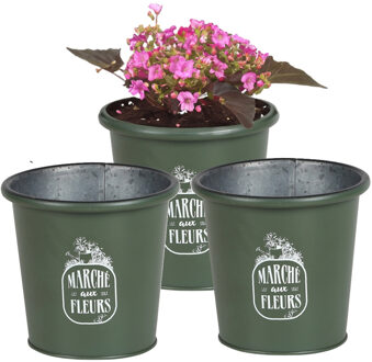 Sunnydays Plantenpot/bloempot voor buiten - 3x - zink - legergroen - D14 x H13 cm