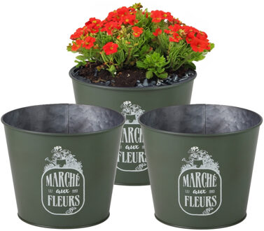 Sunnydays Plantenpot/bloempot voor buiten - 3x - zink - legergroen - D17 x H14 cm
