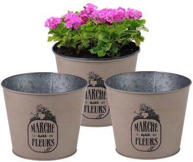 Sunnydays Plantenpot/bloempot voor buiten - 3x - zink - taupe - D17 x H14 cm