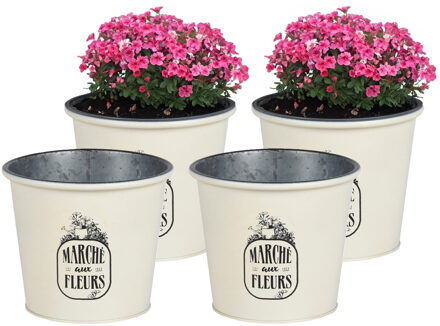 Sunnydays Plantenpot/bloempot voor buiten - 4x - zink - ivoorwit - D19 x H16 cm
