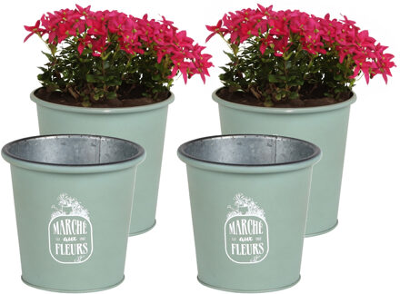Sunnydays Plantenpot/bloempot voor buiten - 4x - zink - jadegroen - D14 x H13 cm