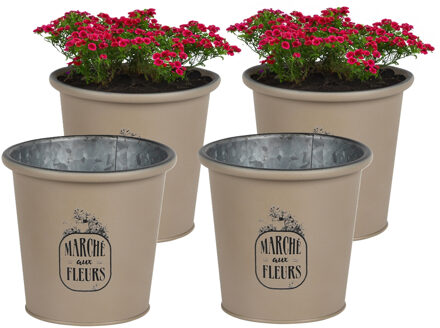 Sunnydays Plantenpot/bloempot voor buiten - 4x - zink - taupe - D14 x H13 cm