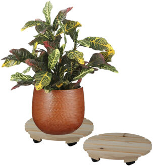 Sunnydays Plantenpot trolley - 2x - hout - naturel - rond - 30 x 30 cm - max 100 kilo
