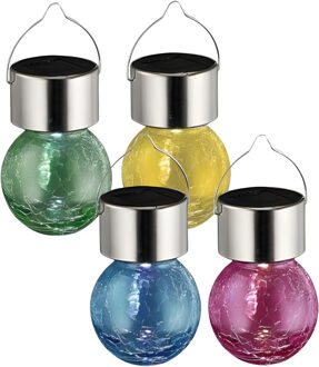 Sunnydays Solar sfeer hanglamp - 4x stuks - geel / groen / roze / blauw - 9 cm - glas - aan haak