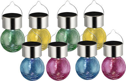 Sunnydays Solar sfeer hanglamp - 8x stuks - geel / groen / roze / blauw - 9 cm - glas - aan haak