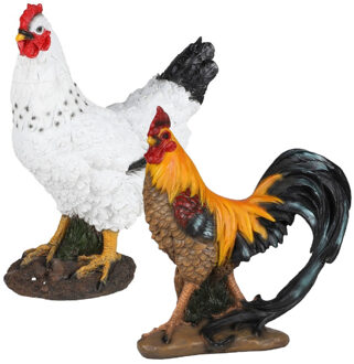 Sunnydays Tuin decoratie Haan en kip beeldjes - Polyresin - 36 cm - buiten - multi kleuren