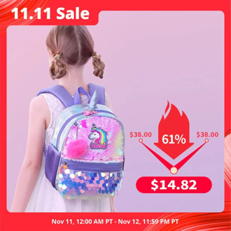 Sunveno Reversible Sequin Bag unicorn Backpack Girls School Bags Kindergarten Schoolbag Best Gift for Girls children