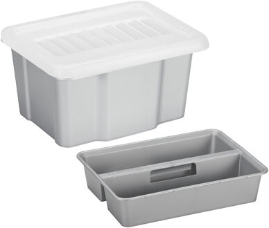 SunWare 2x opslagbox kunststof 24 liter lichtgrijs 42 x 33 x 22 cm met deksel en organiser tray - Opbergbox