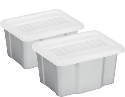 SunWare 2x opslagbox kunststof 24 liter lichtgrijs 42 x 33 x 22 cm met deksel - Opbergbox