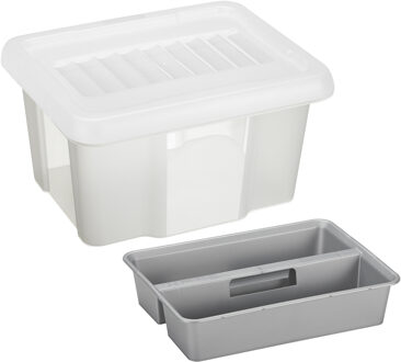 SunWare 2x opslagbox kunststof 24 liter transparant 42 x 33 x 22 cm met deksel en organiser tray - Opbergbox