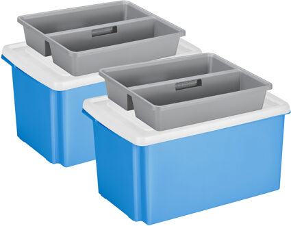 SunWare 2x opslagbox kunststof 51 liter blauw 59 x 39 x 29 cm met deksel en organiser tray - Opbergbox