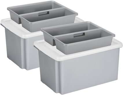 SunWare 2x opslagbox kunststof 51 liter grijs 59 x 39 x 29 cm met deksel en organiser tray - Opbergbox