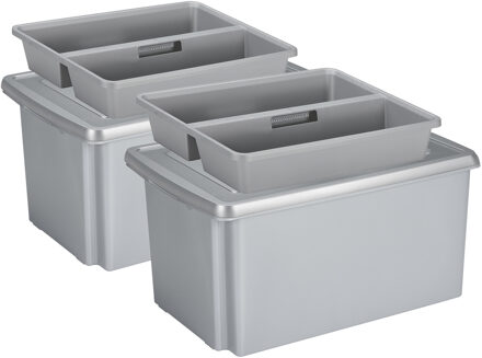 SunWare 2x opslagbox kunststof 51 liter grijs 59 x 39 x 29 cm met deksel en organiser tray