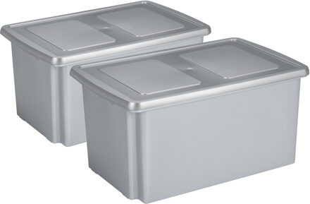 SunWare 2x opslagbox kunststof 51 liter grijs 59 x 39 x 29 cm met deksel
