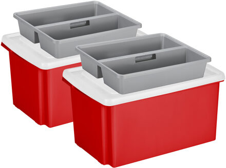 SunWare 2x opslagbox kunststof 51 liter rood 59 x 39 x 29 cm met deksel en organiser tray - Opbergbox