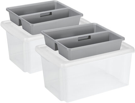 SunWare 2x opslagbox kunststof 51 liter transparant 59 x 39 x 29 cm met deksel en organiser tray - Opbergbox