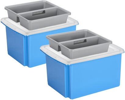 SunWare 2x opslagboxen kunststof 32 liter blauw 45 x 36 x 24 cm met deksel en organiser tray - Opbergbox