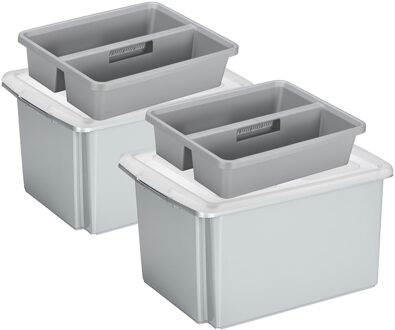 SunWare 2x opslagboxen kunststof 32 liter lichtgrijs 45 x 36 x 24 cm met deksel en organiser tray - Opbergbox