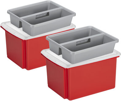 SunWare 2x opslagboxen kunststof 32 liter rood 45 x 36 x 24 cm met deksel en organiser tray - Opbergbox