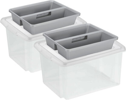 SunWare 2x opslagboxen kunststof 32 liter transparant 45 x 36 x 24 cm met deksel en organiser tray - Opbergbox