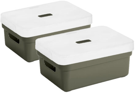 SunWare 2x stuks opbergboxen/opbergmanden groen van 9 liter kunststof met transparante deksel - Opbergbox