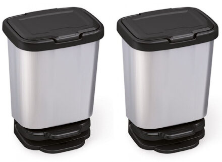SunWare 2x Zilver/zwarte pedaalemmers/vuilnisbakken 45 cm 20 liter