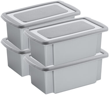 SunWare 4x opslagbox kunststof 7 liter grijs 38 x 21 x 14 cm met grijze deksel