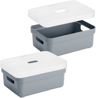 SunWare 4x stuks opbergboxen/opbergmanden blauwgrijs van 9 liter kunststof met transparante deksel