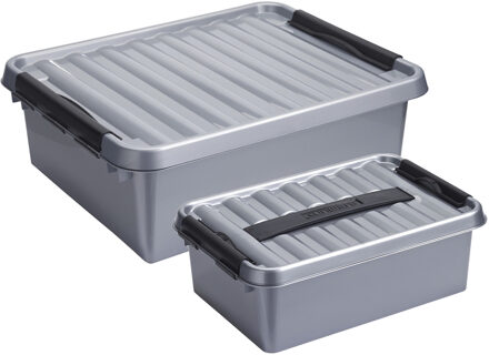 SunWare Opberg boxen 2x stuks - 12 en 25 liter - kunststof - grijs - met deksel