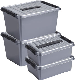 SunWare Opberg boxen set 4x stuks 12 en 22 liter kunststof grijs met deksel - Opbergbox