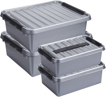 SunWare Opberg boxen set 4x stuks 12 en 25 liter kunststof grijs met deksel