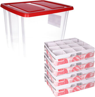 SunWare Opbergbox - 2x - voor 64 kerstballen - 45 liter - rood deksel - kerstversiering opruimen