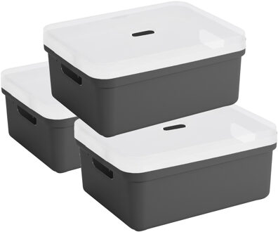 SunWare opbergbox - 3x stuks - 24 liter - antraciet - kunststof - transparante deksel - 45x35x18 cm
