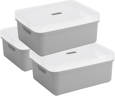 SunWare opbergbox - 3x stuks - 24 liter - lichtgrijs - kunststof - transparante deksel - 45x35x18 cm