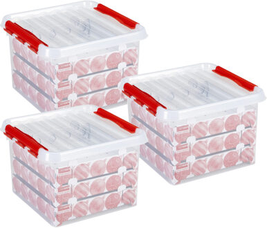 SunWare Opbergbox - 3x - voor 75 kerstballen - 26 liter - rood deksel - kerstversiering opruimen