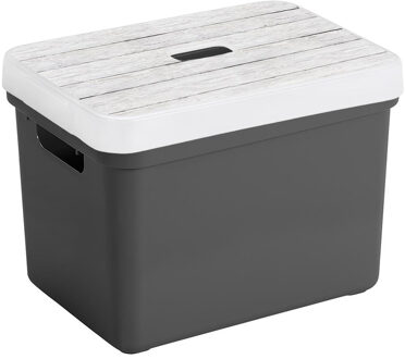 SunWare Opbergbox - antraciet - 18L - kunststof - met houtkleur deksel - 35 x 25 x 24 cm