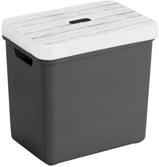 SunWare Opbergbox - mand - antraciet - 25 Liter - kunststof - met houtkleur deksel - opslag kist